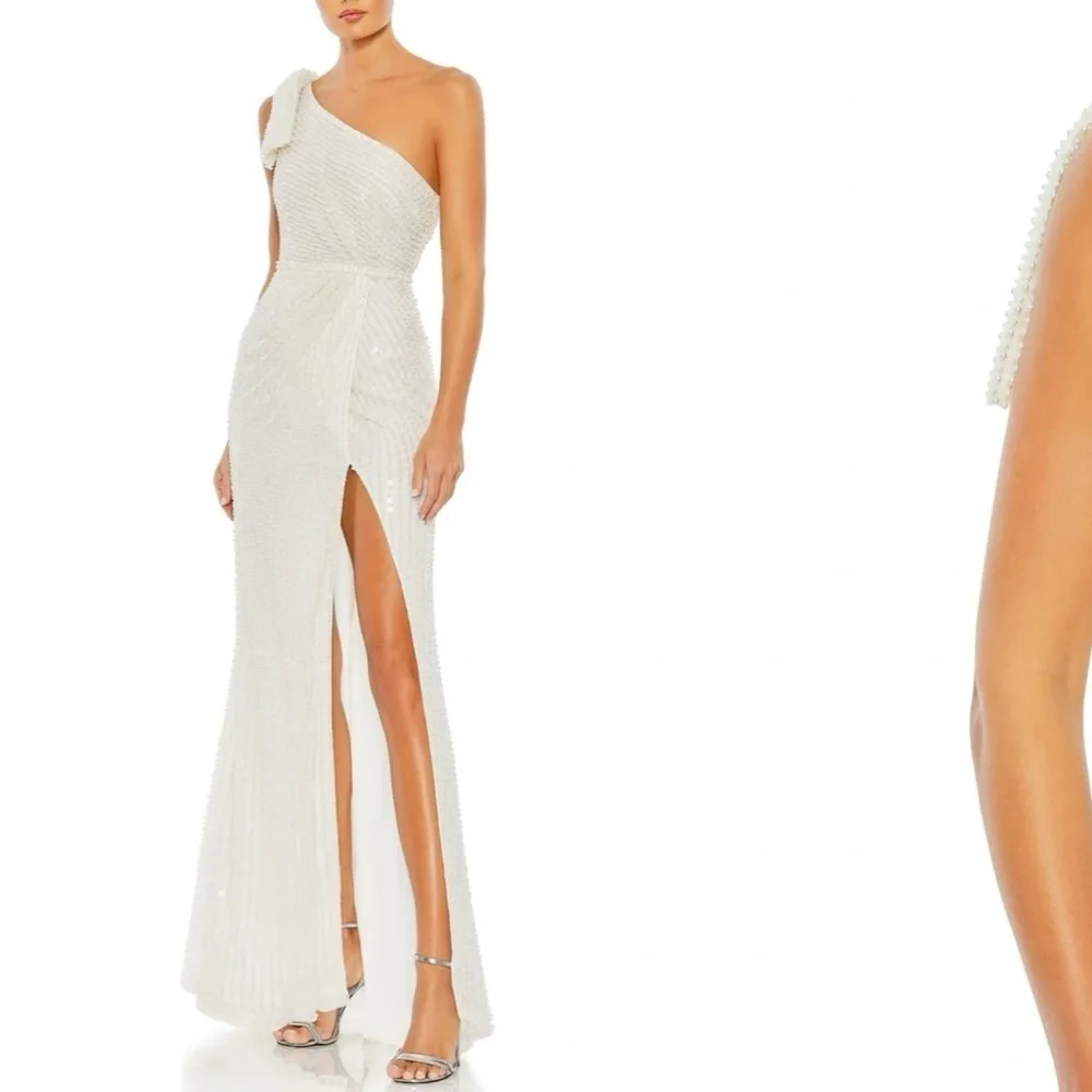 NWT | Mac Duggal 93735 White Pearl Soft Tie One Shoulder Gown Size 10